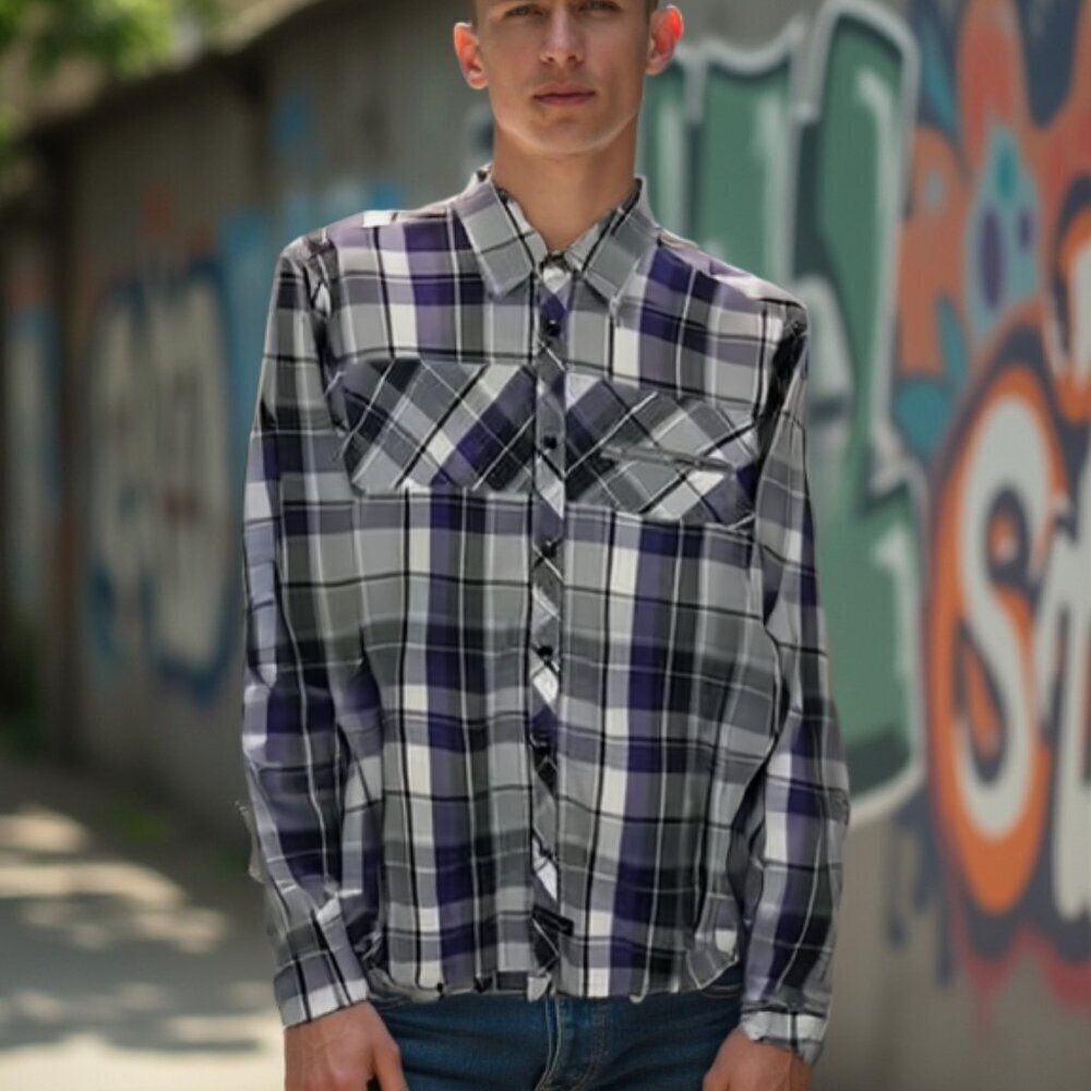 English Laundry Purple & Grey Plaid Button Down Shirt Men’s Medium Smart Casual
